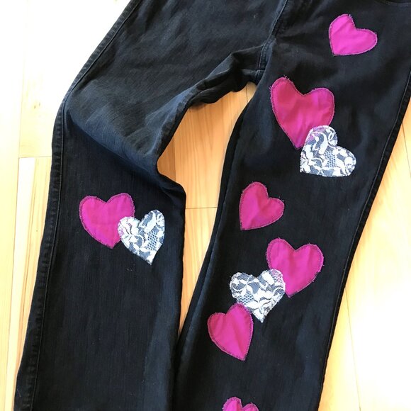 Upcycled Patchwork Jeans, Size 14: Handmade Magenta & Lace Patches, Black Denim - Picture 5 of 9